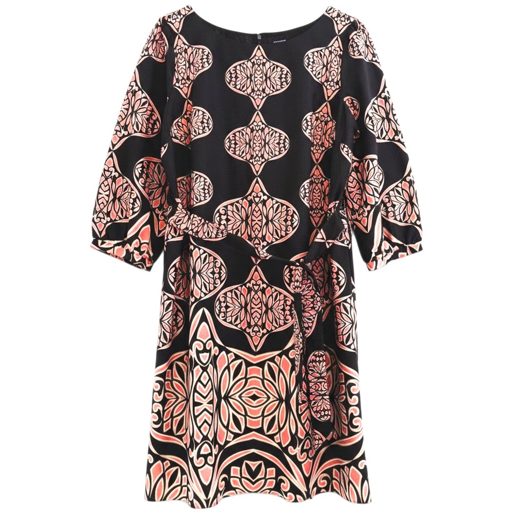 Ann Taylor Shift Dress Womens Large Brown Pink Medallion 3/4 Sleeve Belted Mod‎
